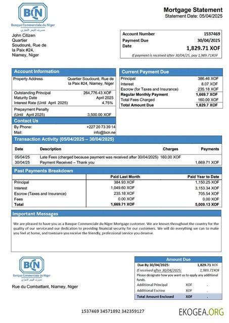 Modèle Word et PDF de relevé hypothécaire de la Banque Commerciale du Niger (BCN) du Niger